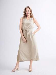 SHEIN LUNE Spring/Summer Casual Solid O-Neck Sleeveless Elasticated Waist Long Dress For Women - Khaki - View 6