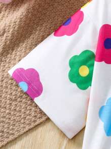 Set de 2 piezas de camiseta de manga corta con cuello redondo y estampado de flores y leggings casuales para niñas, versátil para uso diario y vacaciones de verano - Multicolor - Ver 7