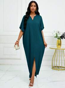 SHEIN Lady Gaun Kaftan Lengan Kelelawar Berlekuk Warna Hijau untuk Musim Gugur dan Musim Dingin - Biru - View 3