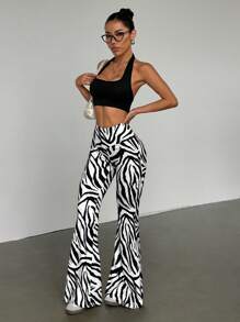 SHEIN Unity Women's Zebra Print V-Waist Flare Pants Fall Cloth For Women - Black and White - View 4