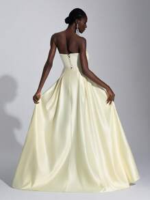 Elitara 优雅奢华缎面手工超大蝴蝶结 V 领性感开衩褶皱超喇叭下摆女士晚会正式礼服