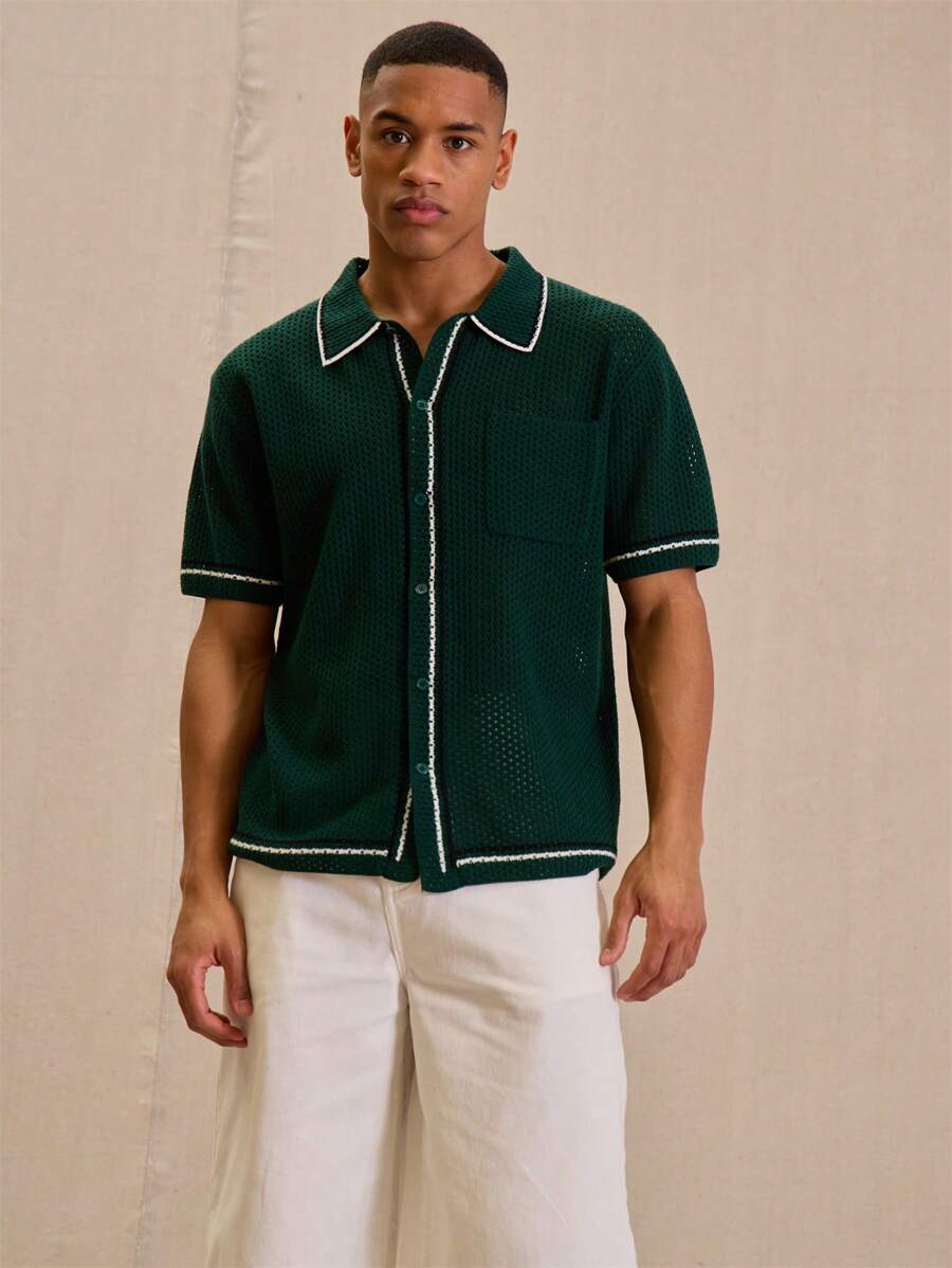 Musero Knitted Contrast Stitch Full Button Up Top - Dark Green - View 1