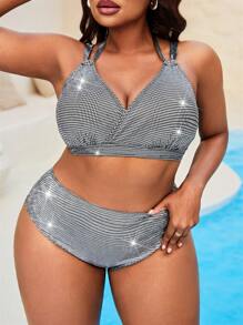 Swim EVENT Plus Size Women 2pcs Glitter Sequin Strap Sexy Bikini Swimwear Set For Summer Beach Vacation - Silver - View 5