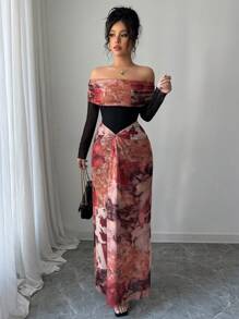 Rafferiza 优雅浪漫性感修身露肩长裙 - 橘色 - 查看 4