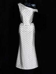 SHEIN ICON Satin Polka Dot Print One-Shoulder Top And Low Waist Skirt Set - Black and White - View 15