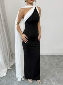 Rafferiza Elegantes Damen Kleid mit Kontrast in Schwarz & Weiß, Elastisch, Mesh-Raffung am Saum, Lang für Frühling/Sommer - Schwarz und Weiss - Übersicht 7