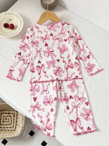 SHEIN 2 件套女婴幼儿 0-3 岁新品，可爱甜美休闲日常图案蝴蝶结罗纹针织圆领长袖修身 T 恤上衣和紧身裤，适合家居穿着 - 彩色 - 查看 3