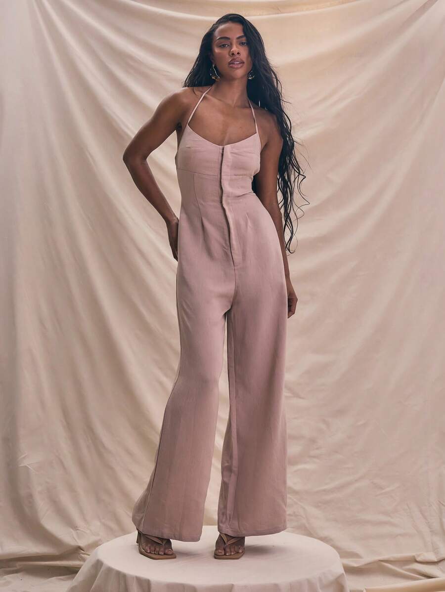 MUSERA Bộ jumpsuit ống rộng dệt kim cổ yếm hai dây, thích hợp cho mùa xuân hè, đi nghỉ mát, phong cách thường ngày, thanh lịch, lễ Phục sinh. - Màu Khaki - Xem 1