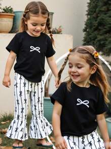 Baby Girl Set - Round Neck Butterfly Print Short Sleeve Black T-Shirt And Striped Butterfly Full Print Flared Pants