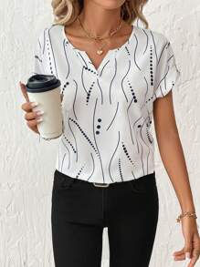 SHEIN Clasi Women's Casual V-Neck Polka Dot Print Short Sleeve Blouse - White - View 7