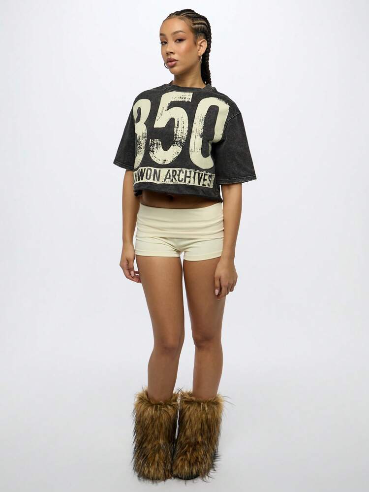 SUMWON 350 Distressed Retro Print Oversize Crop Sweatshirt Festival Acid Washed Street Style Graphic Number Tee Skater Vintage Summer