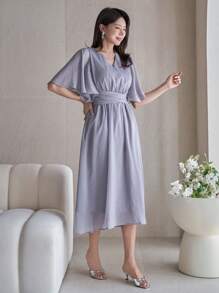 DAZY Solid Color V-Neck Ruffle Sleeve Pleat Hem Mid-Length Dress For Women Maxi Dress - Blue - View 5