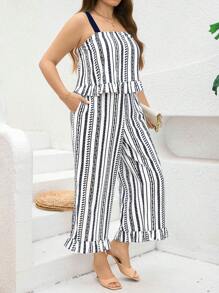 SHEIN Clasi Bộ 2 chiếc/Bộ áo hai dây in họa tiết sọc thanh lịch cỡ lớn và quần dài, Quần áo mùa hè cho nữ Bộ đồ hai mảnh cho nữ, Quần áo mùa hè cho nữ, Trang phục công sở thường ngày cho nữ, Trang phục thập niên 90, Quần rộng thùng thình, Bộ đồ công sở cho nữ, Trang phục mùa hè, Kỳ nghỉ, Trang phục công sở thường ngày cho nữ, BOHO, Khiêm tốn, Tốt nghiệp, Quần, Thích hợp cho nơi làm việc, Trà chiều, Hẹn hò, Hòa nhạc, Tiệc tùng, Phong cách đại học cổ điển - Xanh và trắng - Xem 3