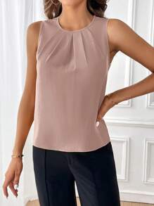 SHEIN Clasi Women's Solid Color Pleated Round Neck Sleeveless Casual Blouse