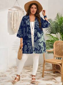 EMERY ROSE Áo khoác Boho tay 3/4 in họa tiết xanh đầu xuân cỡ lớn cho nữ - Màu xanh hải quân - Xem 6