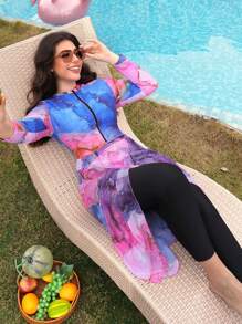 Swim Shayni Plus Size Women's Bohemian Style Burkini Set, Black Patchwork Asymmetrical Camouflage Print Front Zipper Design, Mesh Print Skirt, Modest Long Sleeve Long Pants, One Piece Swimsuit For Beach Holiday For Summer Beach Vacation - Multicolor - View 2