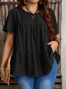 EMERY ROSE 加大码女式纯色圆领荷叶边短袖宽松衬衫，波西米亚风夏季，西部女装，度假