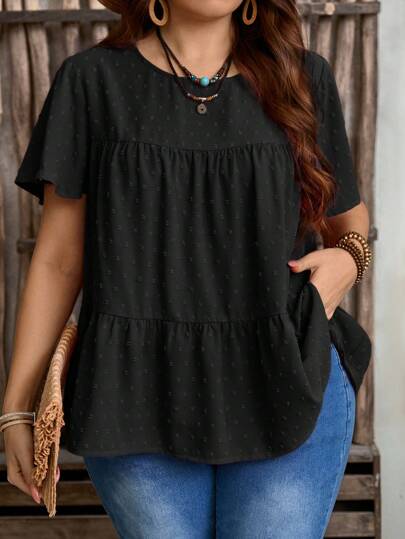EMERY ROSE 加大码女式纯色圆领荷叶边短袖宽松衬衫，波西米亚风夏季，西部女装，度假