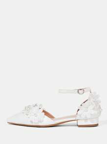 CUCCOO HITCHD Women's Pointed Toe Cute Faux Pearl Flower Decor White Wedding & Party Flat Single Hollow Shoes For Christmas - White - View 3