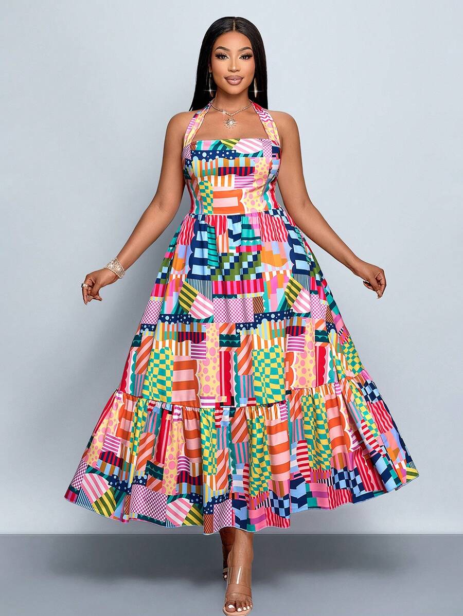 SOLERSUN New Spring And Summer Plus Size Women's Vacation Daily Leisure Outing Color Bar Digital Print Halter Sleeveless Dress - Multicolor - View 1
