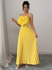 SHEIN PETITE Vestido de línea A con decoración floral elegante, cintura drapeada, cintura alta, apropiado para fiestas y uso diario, color amarillo, para mujer primavera/verano