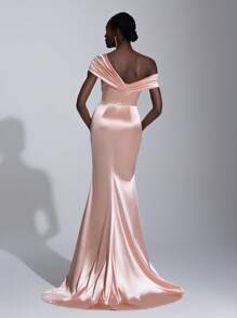 Elitara Elegante y glamoroso vestido de satén elástico plisado a mano de color rosa coral con cuello asimétrico, talle alto y cola de sirena delgada, apropiado para citas, despedidas de soltera, bailes, ceremonias de graduación, cenas formales, eventos de noche y bodas