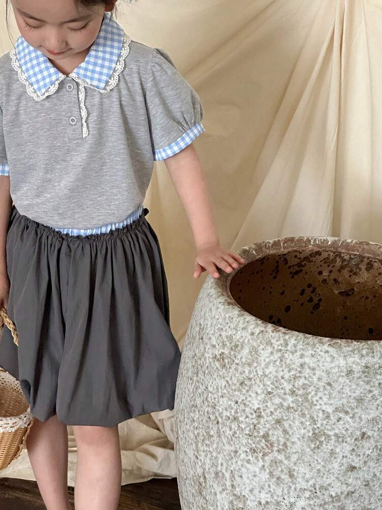 2pcs/Set Young Girl Collared Colorblock Knit Short Sleeve Top + Woven Skirt Summer Outfit