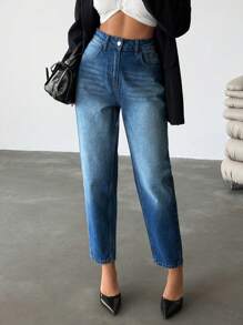 EURMUSE High Waisted 100% Cotton Mom Fit Jean - Medium Wash - View 3