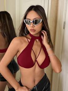 SHEIN ICON Cut Out Front Halter Black Corset Top - Burgundy - View 1
