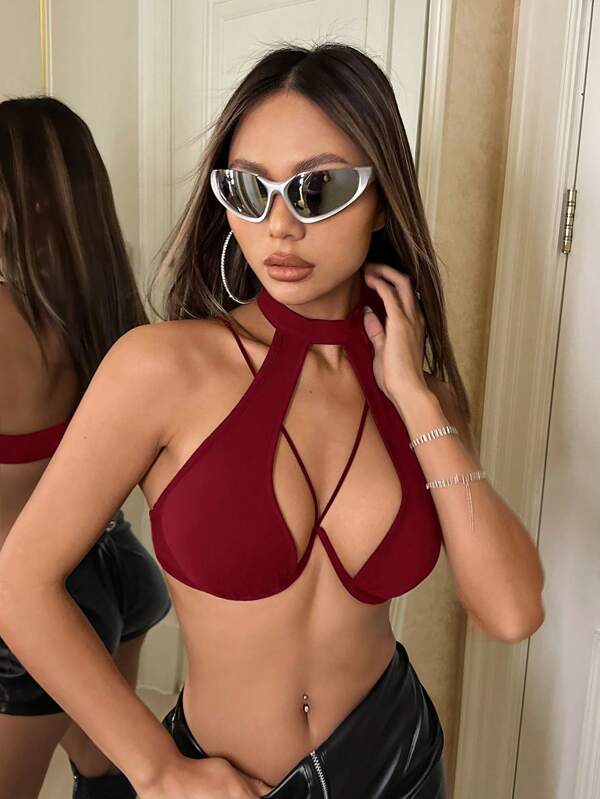 SHEIN ICON Cut Out Front Halter Black Corset Top
