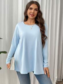 Firerie Plus Size Elegant Casual Loose Fitting Solid Color Long Sleeve Round Neck Basic Layering T-Shirt, Suitable For Vacation & Home Wear Spring Fall - Baby Blue - View 6
