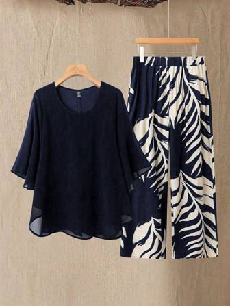 SHEIN 2 Stücke/Set Damen Große Größen Chiffon Fledermausärmel Top
