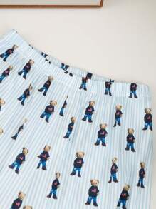 青少年男孩睡衣套装，白色底衣，可爱熊印花，圆领短袖上衣 + 宽松长裤，休闲家居服 - 彩色 - 查看 4