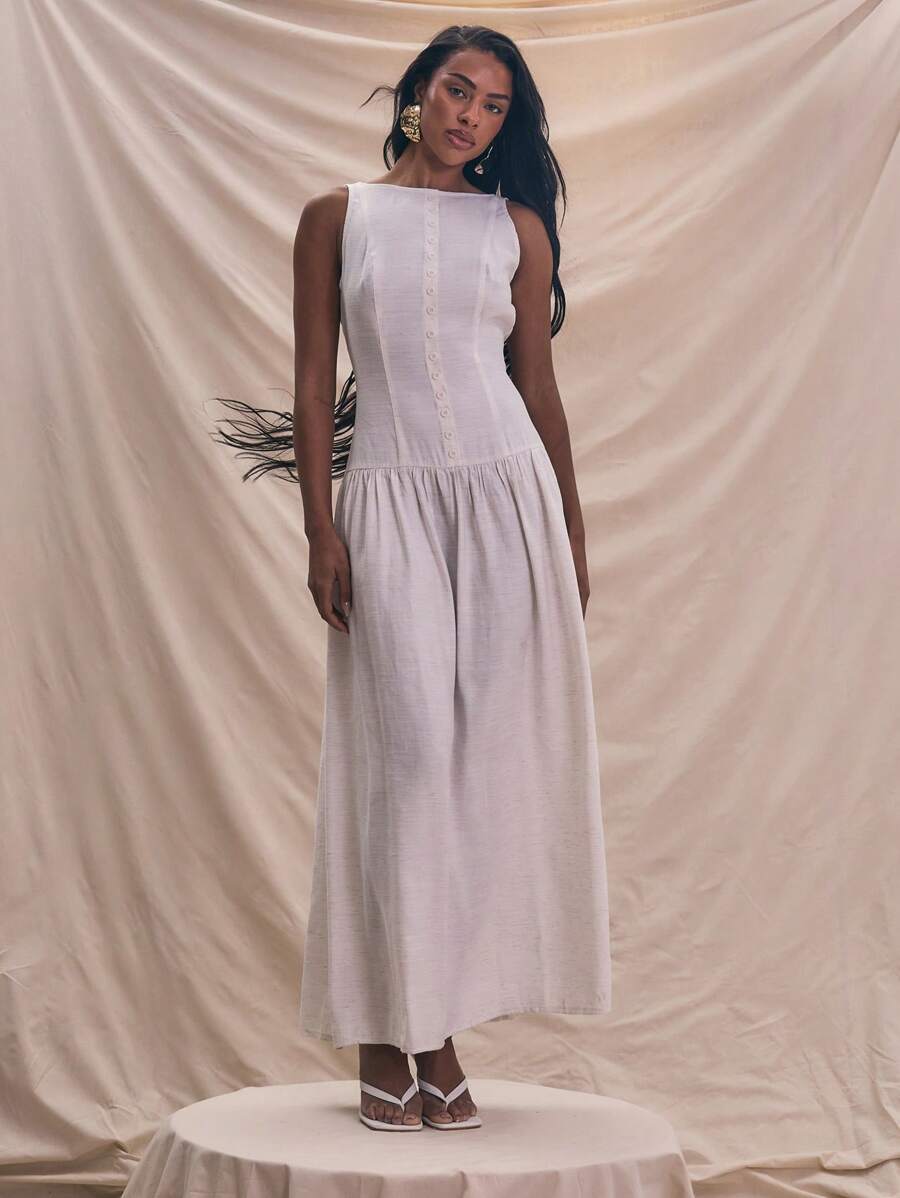 MUSERA Sleeveless Linen Look Button Up Drop Waist Maxi Dress Summer Holiday Sundress
