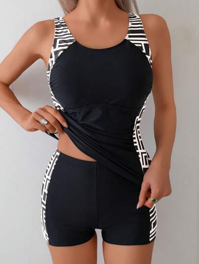 Swim Lushoire 2 件套女士夏季新款分体式卡其色几何随机印花无袖适度泳衣，带褶皱腹部设计，保守泳衣短裤，适合游泳、海滩、冲浪