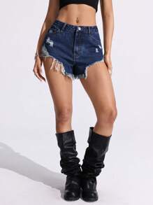 SHEIN EZwear 休闲牛仔短裤，时尚又适合夏天 - 深色水洗藍 - 查看 6