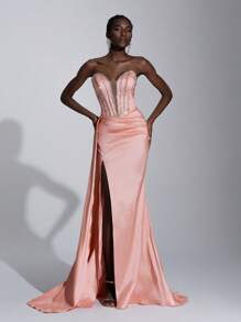 SHEIN Belle 优雅华丽的珊瑚粉色奢华缎面手工钻石链露肩系带褶皱性感开叉鱼尾带飘带和拖尾下摆连衣裙适合约会单身派对鸡尾酒会毕业典礼正式场合晚礼服、礼服、晚会、婚礼宾客 - 粉色 - 查看 2