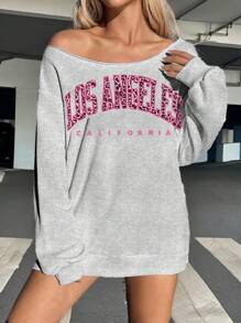 SHEIN EZwear Áo nỉ dài tay rộng rãi hở vai cỡ lớn dành cho nữ - Màu Xám nhạt - Xem 3