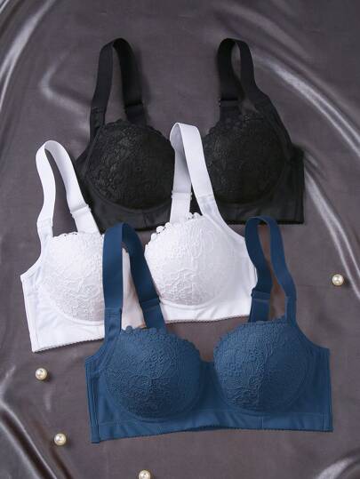 SHEIN 3pcs Set Women Lace Leisure Soft & Comfortable Wide Strap Push Up Underwire Lingerie Bras
