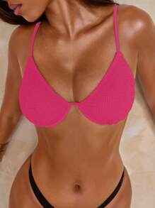 SHEIN Swim Women's Solid Color Strappy Swimwear Bikini Top, Gathering Style Special Wavy Fabric Swimwear Top, Beach - Hot Pink - View 4