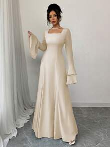 Rafferiza Blue Square Neck Layered Ruffle Sleeve Dress For Women Fall Cloth For Women - Apricot - View 3