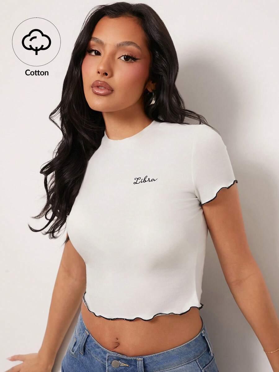 NYA SZN 顶级天秤座刺绣星座日常休闲街头服饰生菜下摆生日礼物棉质服装女士 T 恤 - 米色 - 查看 1