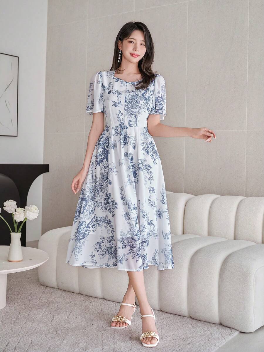 DAZY 女式纹理荷叶边袖 A 字中长连衣裙 - 藍色 - 查看 1