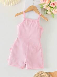Elladie kids Mono corto de talle alto sin mangas con diseño de lazo 3D, fashionable y lindo, para uso casual diario en casa de niñas - Rosa - Ver 2