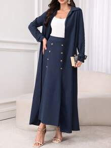 Modelyn Lässige einfarbige Windjacke mit Langarm und doppelreihiger A-Linie Rock 2-teiliges Set für Frauen, elegantes 2-teiliges Set - marineblau - Übersicht 7