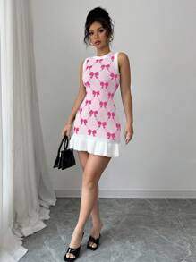 Elenzga Stylish Unique Sleeveless Bowknot Ruffle Hem Women Sweater Dress