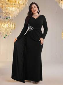 Modelyn Đầm thanh lịch cổ chữ V tay dài đính đá trang trí eo cỡ lớn cho nữ - màu đen - Xem 1