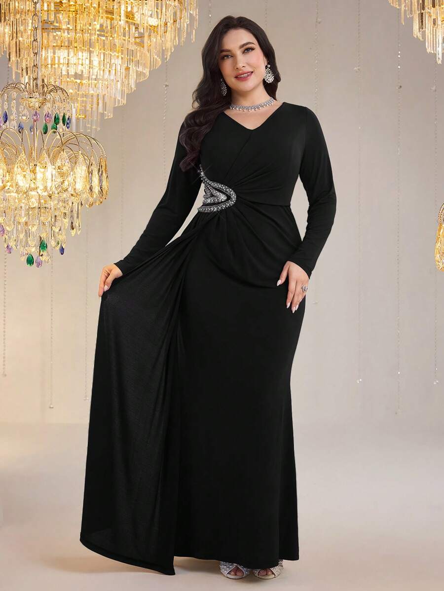 Modelyn Đầm thanh lịch cổ chữ V tay dài đính đá trang trí eo cỡ lớn cho nữ - màu đen - Xem 1