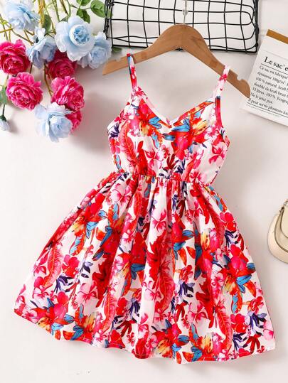 SHEIN Young Girls Ditsy Floral Spaghetti Strap Sundress, Suitable For Party, Beach, Holiday, Summer Summer Dresses For Girls