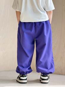 1pc Young Boys Casual Korean Style Pocket Drawstring Soft & Comfortable Straight Leg Pants, Versatile For Daily Wear, School, Commute, Sports, Suitable For Spring & Autumn - Purple - View 4